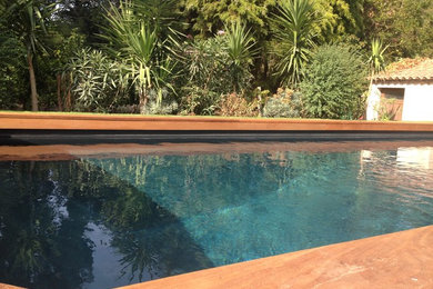 Diseño de piscina tropical de tamaño medio a medida en patio lateral con entablado