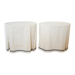 Schumaker Pair of Custom Linen Skirted Tables with Blue Trim - Products