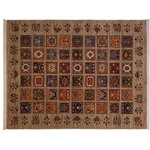 Bareens Designer Rugs - Rustic Khurgeen Cordell Tan/Blue Wool&Silk Rug - 6'9'' x 9'4'' - Designed with a mesmerizing intricate transitional and geometric motif this glorious hand knotted rug made with handspun Ghazni wool is a masterpiece that will fill any space with sophistication and grace. Hand knotted by skilled artisans in an exhilarating color pallet with an elaborate design, this masterpiece features luxurious hand spun wool with all vegetable dyes to add comfort and style to your decor. The design, color, and beautiful chromatic composition with a sheen in transitional and geometric designs, exude beauty, elegance and quality make this rug an extraordinarily opulent center piece for your living space. The intricate designs known as Khurgeen, Khorgeen or Khorjin range are inspired by the patterns from ancient tribal bags. An infusion of bold, saturated color gives this traditional hand-knotted rug a fresh perspective and modern appeal. Most desired due to its versatility in design and affordability this handmade rug is in a compelling focal point in any living area.