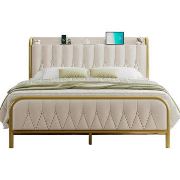 Elegant Platform Bed, Button Tufted PU Headboard & USB Ports, Beige Gold/Queen