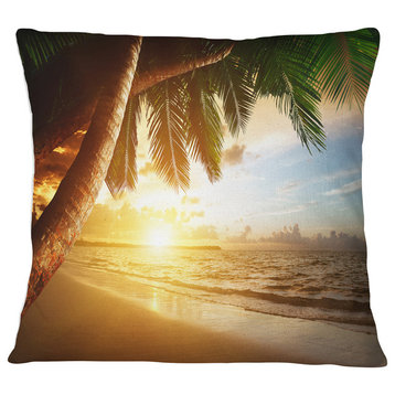 Beautiful Beach under Palms Modern Seashore Throw Pillow, 18"x18"