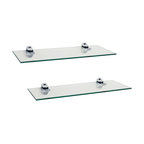 16"x6" Glass Floating Shelves With Chrome Brackets, Set of 2 , Clear