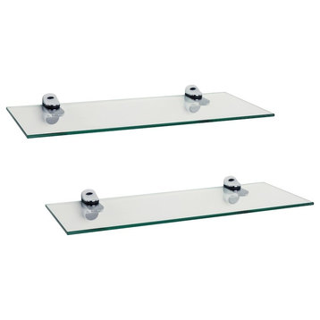 16"x6" Glass Floating Shelves With Chrome Brackets, Set of 2 , Clear