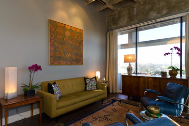 Mid-sized 1960s formal and open concept dark wood floor and brown floor living room photo in Los Angeles with gray walls, no fireplace and no tv
