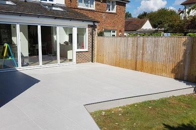 Grey Porcelain Paving Tiled Patio with Stainless Steel Trim
