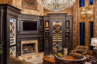 Design ideas for a mid-sized traditional wine cellar in Houston with marble floors, display racks and white floor.