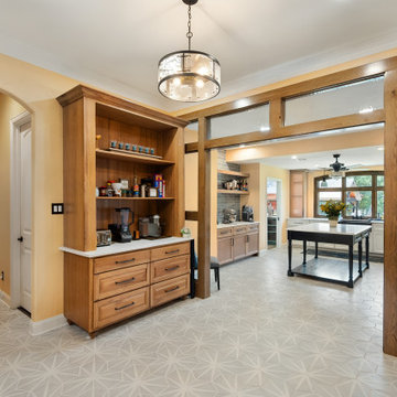 Open Kitchen View Facing Media Wall Stone Fireplace Dining Area