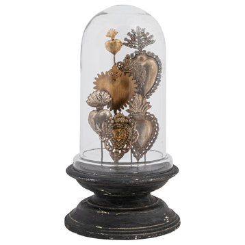 Decorative Tin Sacred Hearts on Wood Pedestal With Glass Cloche