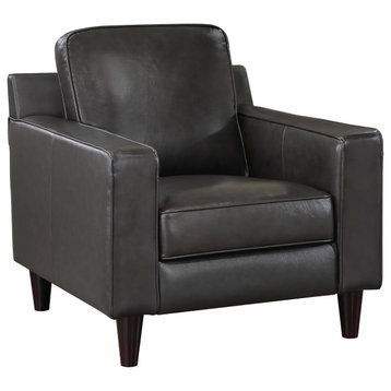 Transitional Accent Chair, Pine Wood Frame & Leather Seat With Track Arms, Gray