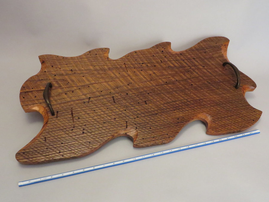 Tray 17022: Wormy Chestnut Oak, Footed, Rustic Surface, Pull Handles.