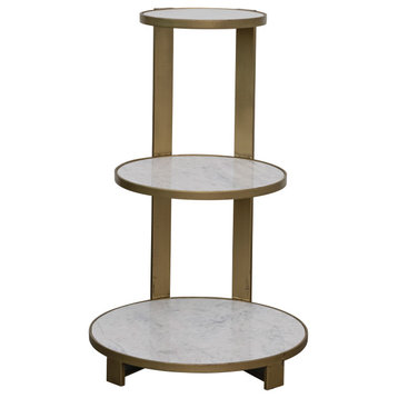 Modern Round 3-Tier Metal, Marble End Table/Plant Stand, White, Antique Brass