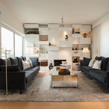 Front View of Living Room with Blue Sofas
