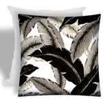 Joita, llc - Palmorina Indoor/Outdoor Zippered Pillow Cover With Insert - PALMORINA (black) modern/contemporary look for the West Indies decor in shades of gray and black with khaki accents on a white background. Constructed with an outdoor rated zipper, thread and fabric. Printed pattern on polyester fabric. To maintain the life of the pillow cover, bring indoors or protect from the elements when not in use. Machine wash on cold, delicate. Lay flat to dry. Do not dry clean. One cover with zipper and one insert included.