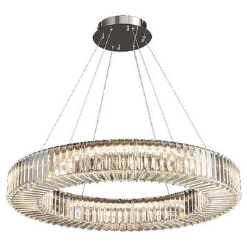 Round Crystal Hanging LED Chandelier, Silver, 31.5x3.9", Warm Light, Dimmable
