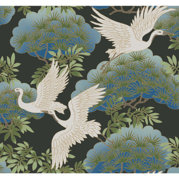 Sprig and Heron Wallpaper, Black