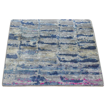 Yale Blue, Silk with Wool, Diminishing Bricks, Hand Knotted Rug 2x2'1"