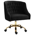 Meridian Furniture - Arden Swivel and Adjustable Velvet Upholstered Office Chair, Black, Gold Base - Stay cozy and comfortable at work while expressing your definitive modish tastes with this Arden Velvet Office Chair. This sumptuously appointed chair features soft black velvet upholstery with svelte button tufting and a rich gold base, ensuring that it garners more than its fair share of oohs and aahs, no matter who's admiring it. This contemporary office chair swivels to allow for expanded functionality, and it's adjustable, so you can customize the chair's position to meet your sitting preferences.