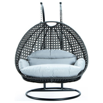 2 Person Charcoal Wicker Double Hanging Egg Swing Chair, Light Gray