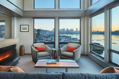Living room - small contemporary formal and open concept living room idea in Seattle with a ribbon fireplace and no tv