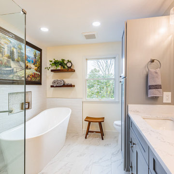 Master bathroom remodel in Ashburn, VA with walk in shower & double vanities