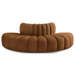 Meridian Furniture - Arc Upholstered Outward Curved Modular Sectional, Saddle, 4-Piece: Reverse Corner (4), Velvet - Give your living room or den the perfect blend of style and versatility with this Arc velvet fabric curved modular Sectional. Part of the Arc modular furniture collection, this Sectional comes upholstered in rich saddle velvet fabric and features deep channel tufting that adds a touch of luxury while enhancing comfort and support. A seamless combination of form and function, this chair can be used with other Arc pieces to create a myriad of configurations in your well-curated room.