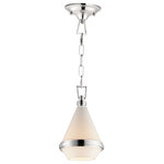 Maxim - Giza One Light Mini Pendant - A glossy White glass shade conical in form is combined with sharp-lined bands of metal finished in your choice of Polished Nickel or Satin Brass to create a pyramid of softly diffused light. Squared off trapezoidal chain loops connect to squared chain links allowing for over ten feet of adjustment. Though modern with its angular form this pendant applies traditional metalwork details to create a timeless piece perfect for over a kitchen island or bedside.