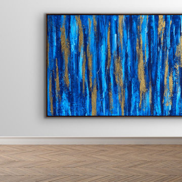 60x48 Inches Blue Gold Abstract Contemporary Painting Large Canvas Wall Art