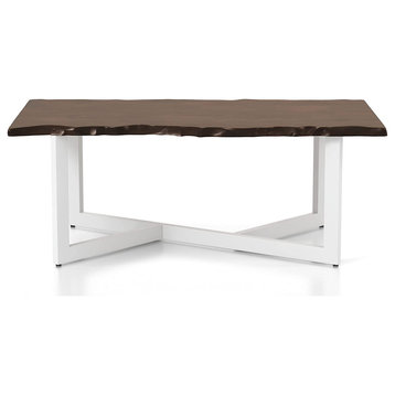 Contemporary Coffee Table, White Metal Base With Rectangular Rubberwood Top