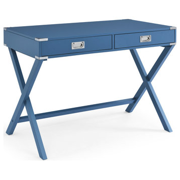 TATEUS Computer Desk with Storage, Solid Wood Desk with Drawers, Blue