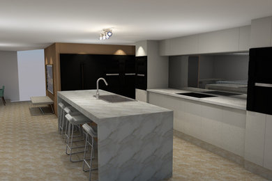 Photo of a large modern galley eat-in kitchen in Sydney with a drop-in sink, marble benchtops, mirror splashback, black appliances and with island.