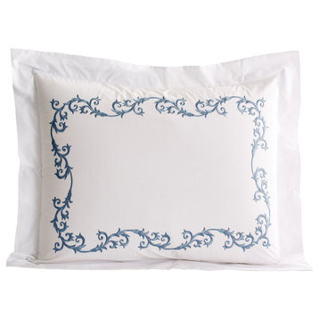 Tuscany Standard Pillow Shams, Set of 2, White With Rockport Blue Embroidery