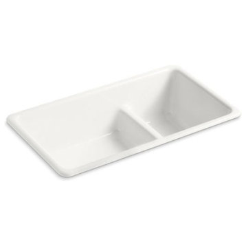 Kohler Iron/Tones Top/Under-Mount Double-Bowl Kitchen Sink, 33"x18-3/4"x9.63", Sea Salt