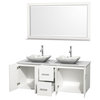 Centra 60" White Double Vanity, White Man-Made Stone Top, Carrera Marble Sinks