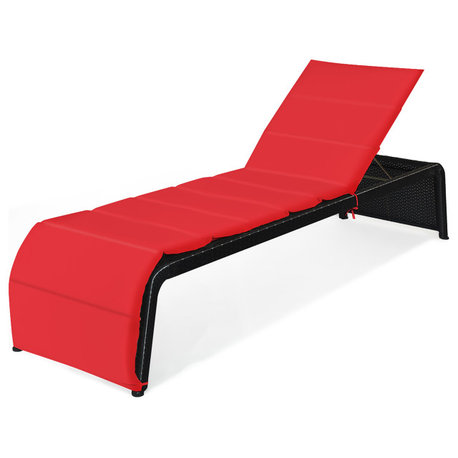 Costway Patio Rattan Lounge Chair Chaise Recliner Back Adjustable Cushioned Red