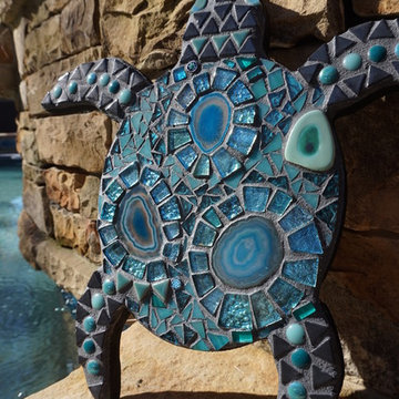 Mosaic Turtle Wall hanging logger head Sea art BLUE stained glass mirrored cera
