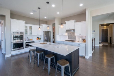 Mid-sized transitional medium tone wood floor kitchen photo in Denver with a farmhouse sink, shaker cabinets, white cabinets, quartz countertops, white backsplash, cement tile backsplash, stainless steel appliances, an island and white countertops