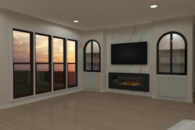 Living room - light wood floor living room idea in Other with a ribbon fireplace and a wall-mounted tv