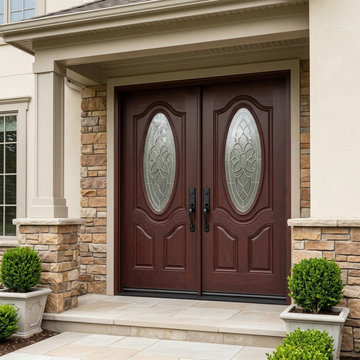 Classic Double Fiberglass Front Door with Decorative Oval Glass for Beautiful Tr