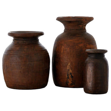 3-Piece Rustic Vintage Solid Wood Jug Vase Set, Antique Reclaimed Carved Teak