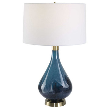 Elegant Sapphire Art Glass Navy Blue Table Lamp 28 in White Shade Large Gloss