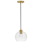 Lark - Lark Rumi 8.75" Single Globe Pendant, Lacquered Brass + Clear Seedy Glass - Your room will get rave reviews thanks to Rumi. This modern, art-forward 1-light pendant captivates with a single clear seedy glass globe suspended from a sleek black cord. A Lacquered Brass finish is the perfect finishing touch. The Rumi pendant is perfect for apartments and cozy spaces with its slim, cord-hung design and adjustable height.
