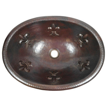 Aged Copper 19" Oval Copper Bath Sink with Fleur de Lis Design-Lift & Turn Drain