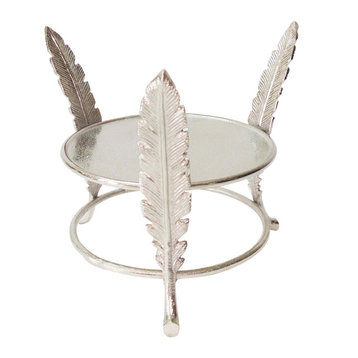 Aluminum Candle Holder Surrounded With Three Leaf Pillars, Silver