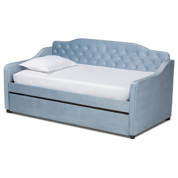 Baxton Studio Freda Twin Size Light Blue Velvet Tufted Daybed with Trundle
