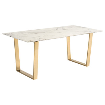 Modern White Marble Top Dining Table, Gold Metal Base