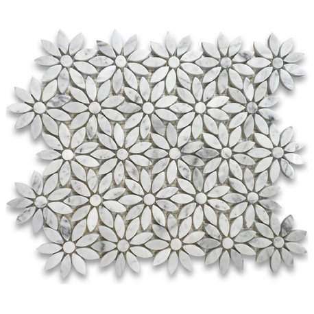 Daisy Flower Tile Carrara Venato White Carrera Marble Mosaic Polished, 1 sheet