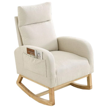 Modern Rocking Chair, Padded Seat With High Back & Side Storage Pockets, Beige