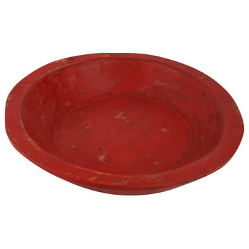 Painted Round Rustic Farmhouse Wooden Dough Bowl, Red, Round