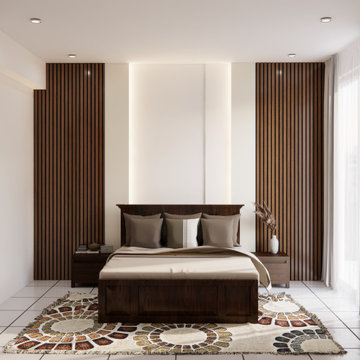 Modern Bedroom with Wood Fluted Wall