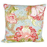 Studio Design Interiors - Holsworthy Blue/Blush 90/10 Duck Insert Pillow With Cover, 22x22 - Printed on a soft natural linen, beautiful flowers in red, and peach, and forest greens spring from a blue damask pattern face on this open and airy garden motif.  Perfectly finished with pink linen back. Exceptional.